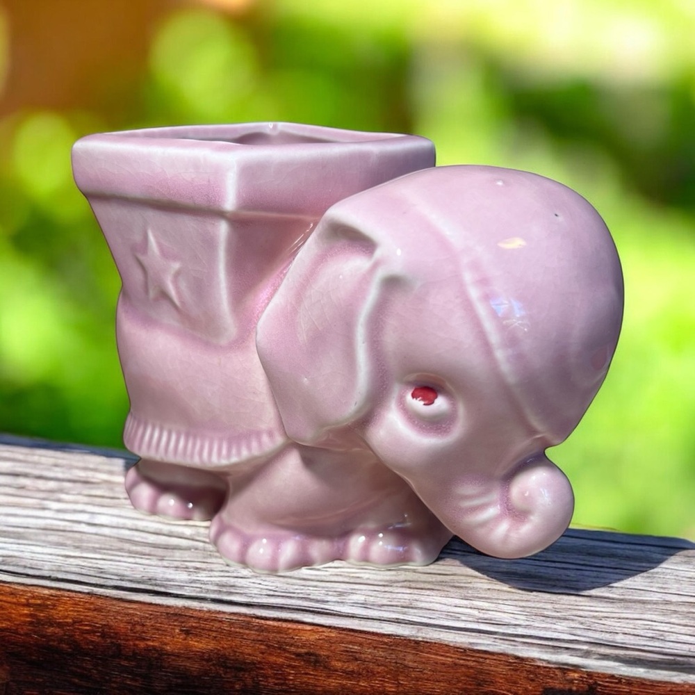 Vintage 1950s Pink Ceramic Elephant Planter